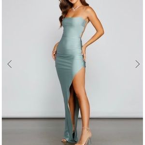 Sage open back w side slit floor length dress